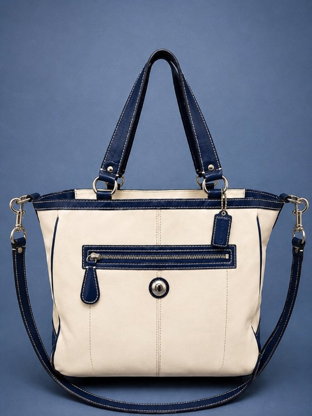 COACH Laura Spectator Carryall Chalk Navy Leather Tote Crossbody Bag - Hang Tag